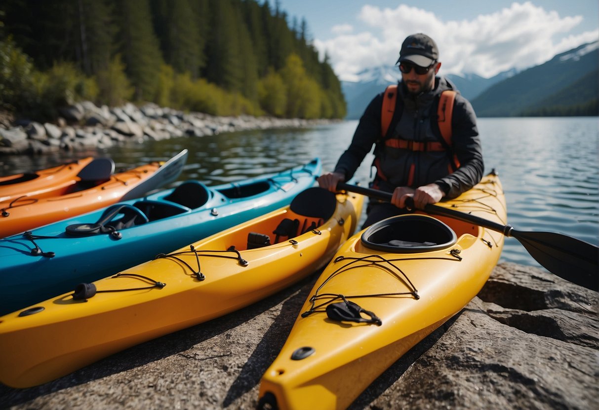 A person selects a kayak and gear for a tour, considering weather conditions