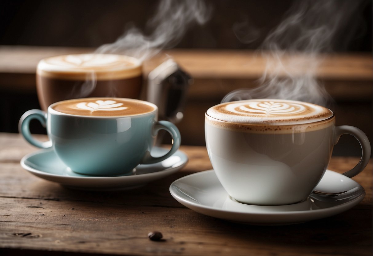 A latte and mocha face off, steam rising from their cups, as they stand side by side on a rustic wooden table