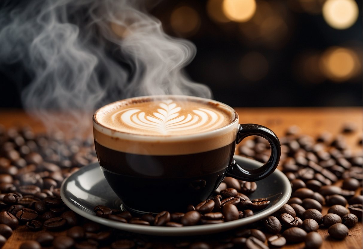 A steaming latte and mocha face off, surrounded by coffee beans and swirling steam