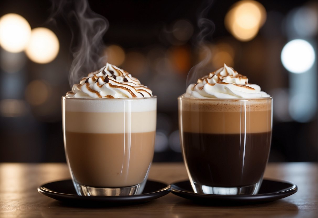 A steaming latte and mocha sit side by side, emitting rich aromas. The latte boasts a creamy foam, while the mocha exudes a deep, chocolatey scent