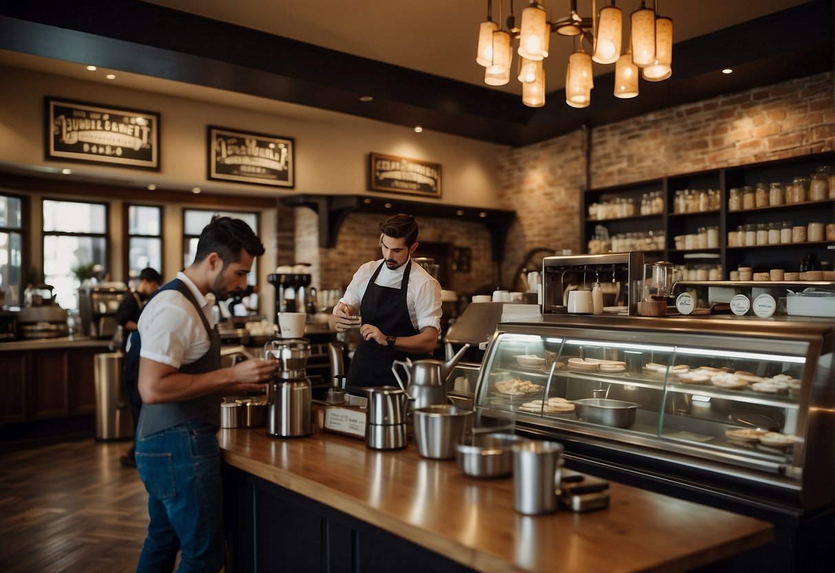 A bustling coffee shop with patrons enjoying diverse cultural and historical decor. A barista prepares a latte and mocha, showcasing the contrasting cultural influences in the beverages