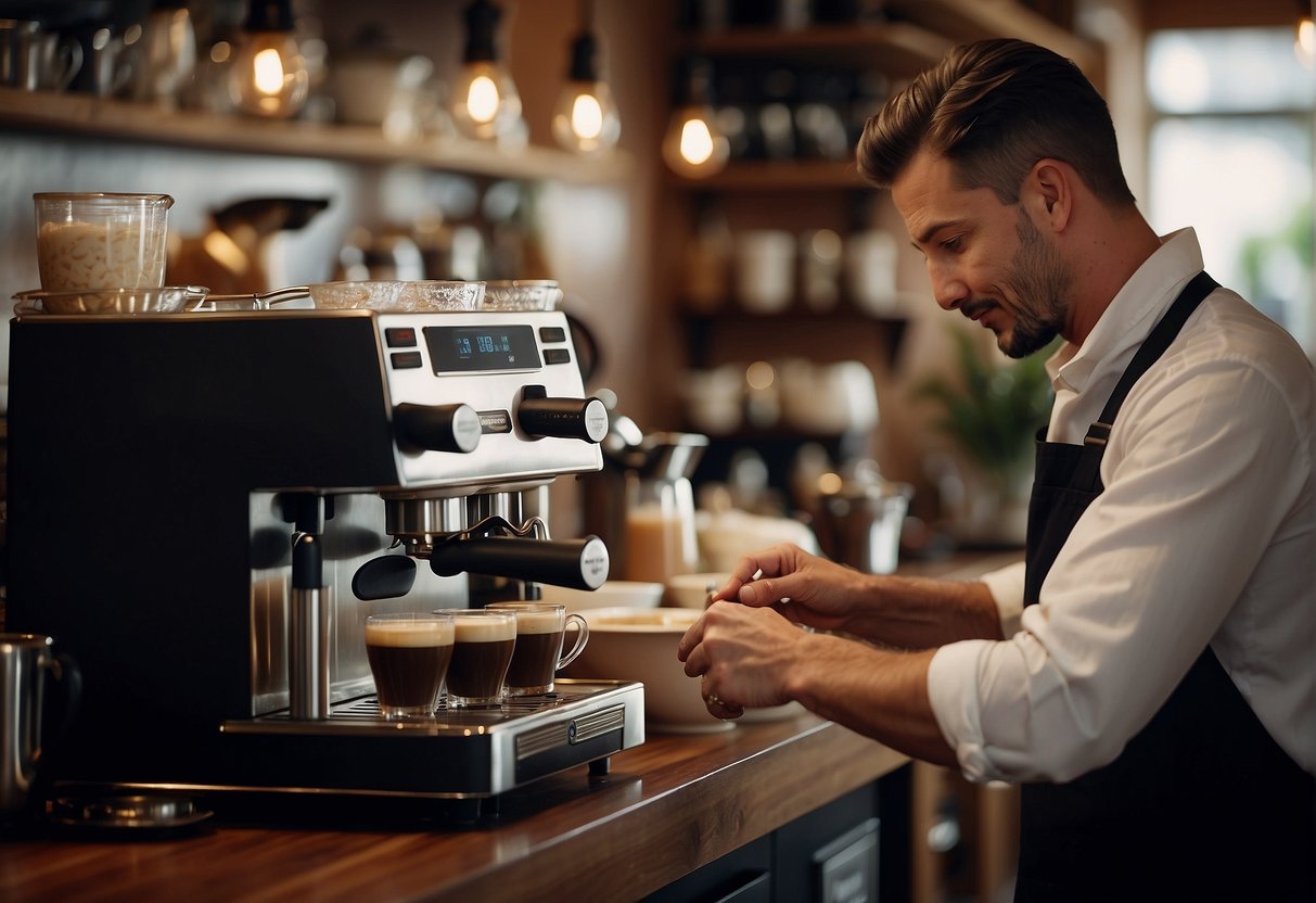 A barista prepares a latte and a mocha, adding personalized touches to each drink. The rich aroma of coffee fills the air as steam rises from the cups