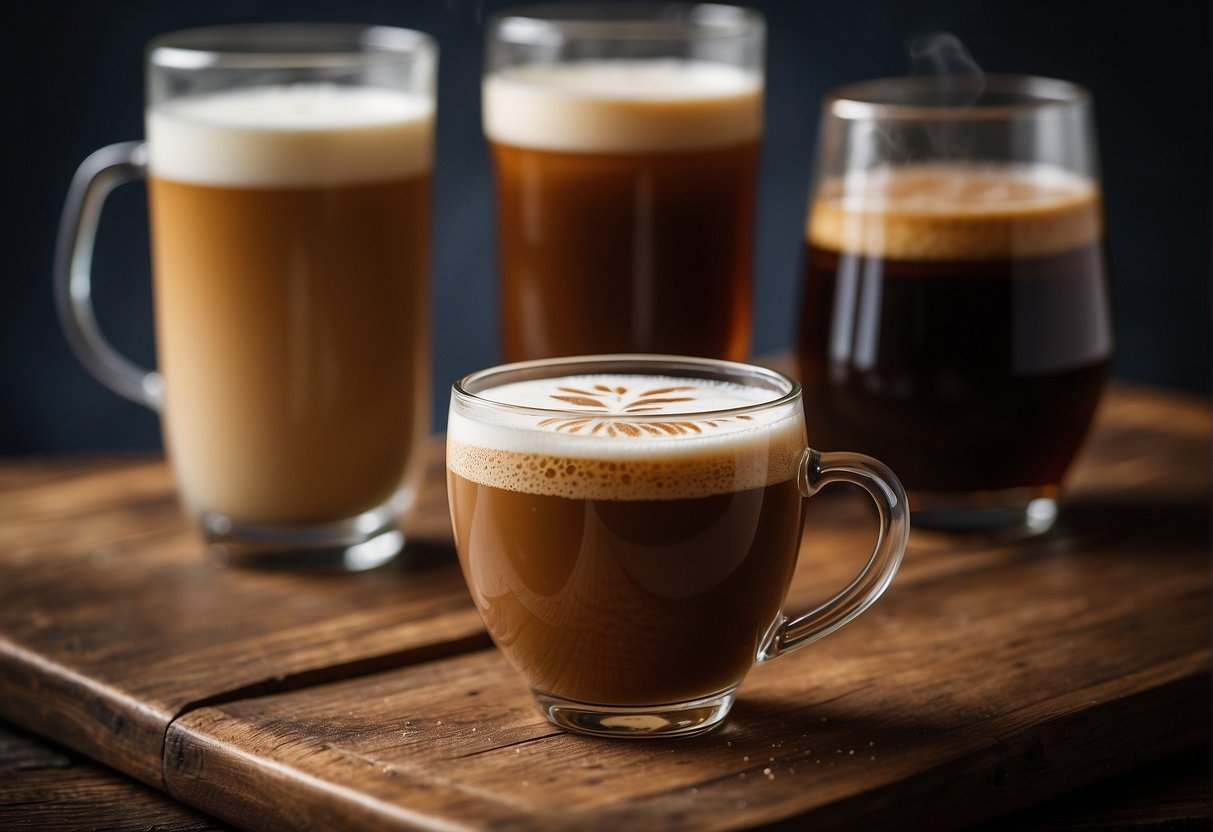 A steaming latte and a swirling nitro cold brew sit side by side on a rustic wooden table, with wisps of steam rising from the latte and tiny bubbles dancing in the cold brew