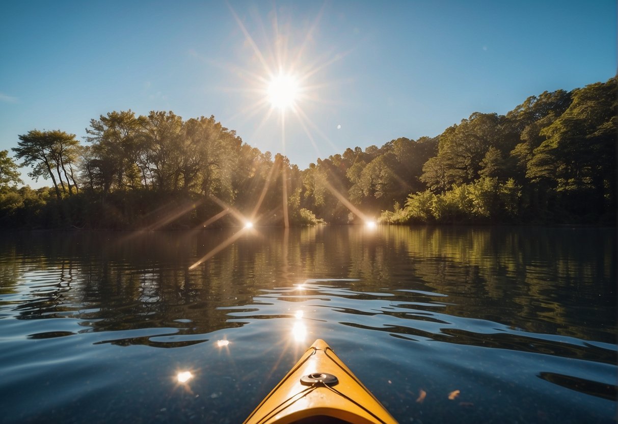 The sun shines brightly as calm waters reflect the clear blue sky. Gentle winds create small ripples on the surface, perfect for kayaking tours
