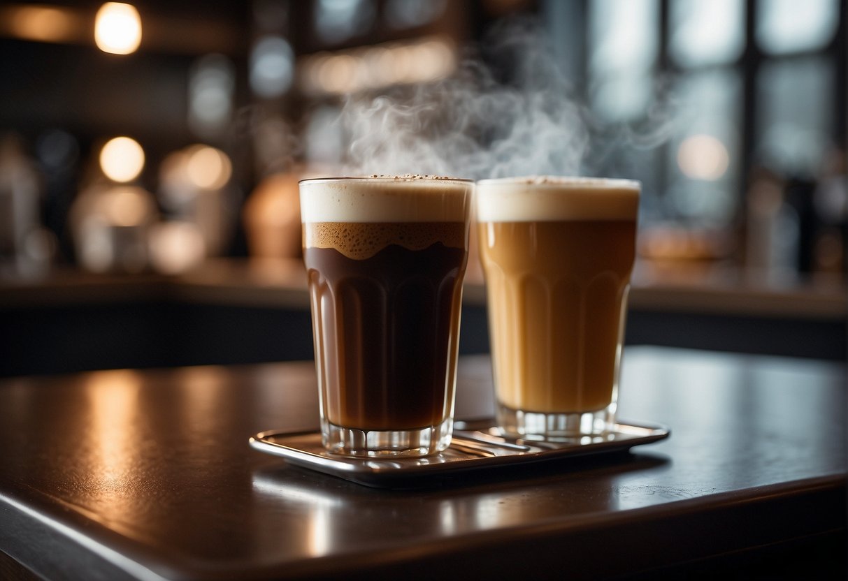 A steaming latte and a frothy nitro cold brew stand side by side, emanating their rich aromas. They appear to be engaged in a silent competition, each vying for the title of the strongest and most flavorful brew