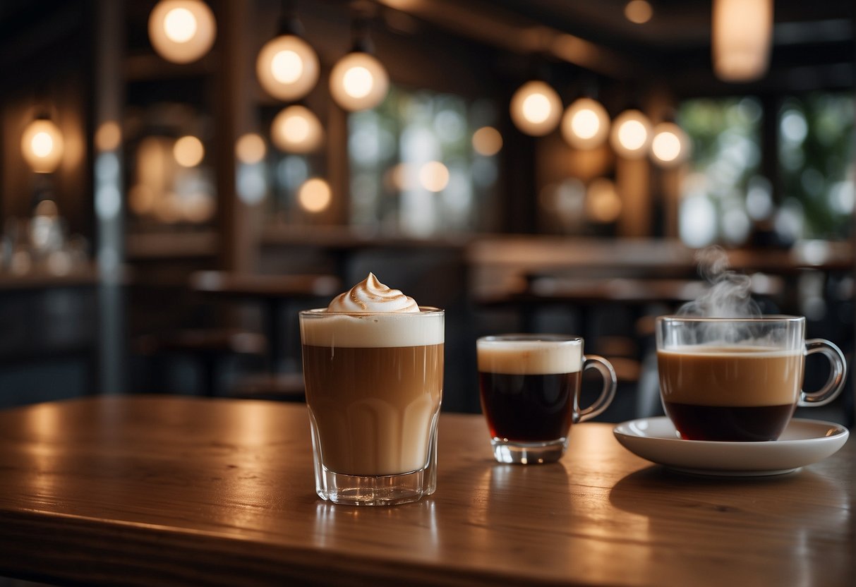 A steaming latte sits next to a sleek glass of nitro cold brew on a wooden table, surrounded by cozy cafe ambiance