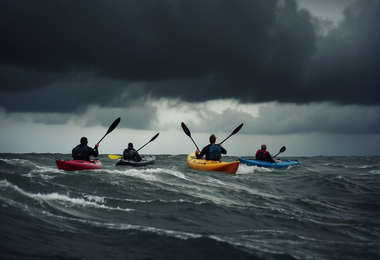 The wind whips across the water, creating choppy waves. Dark clouds loom overhead, threatening rain. Kayakers struggle to paddle against the strong current