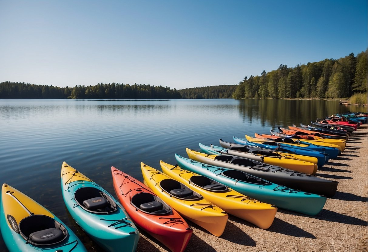 A calm lake with clear blue skies, gentle winds, and mild temperatures. Kayaks are lined up on the shore, with life jackets and paddles nearby