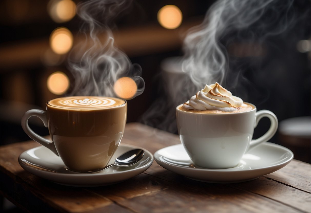 A steaming latte and a rich ristretto sit side by side on a rustic wooden table, surrounded by swirling wisps of steam and the inviting aroma of freshly brewed coffee