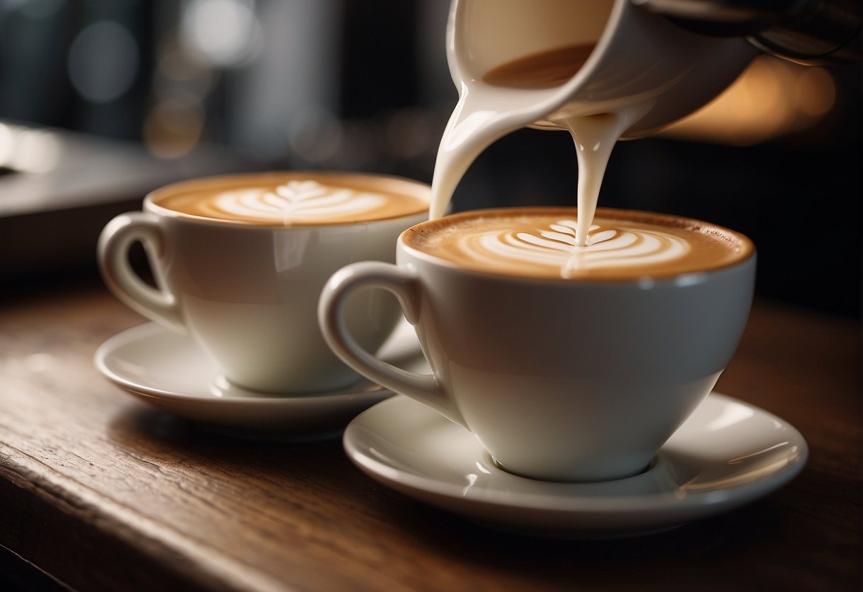 A steaming cup of latte and ristretto sit side by side, with swirling aromas rising from each. A barista carefully pours milk into the latte, while the ristretto remains strong and bold