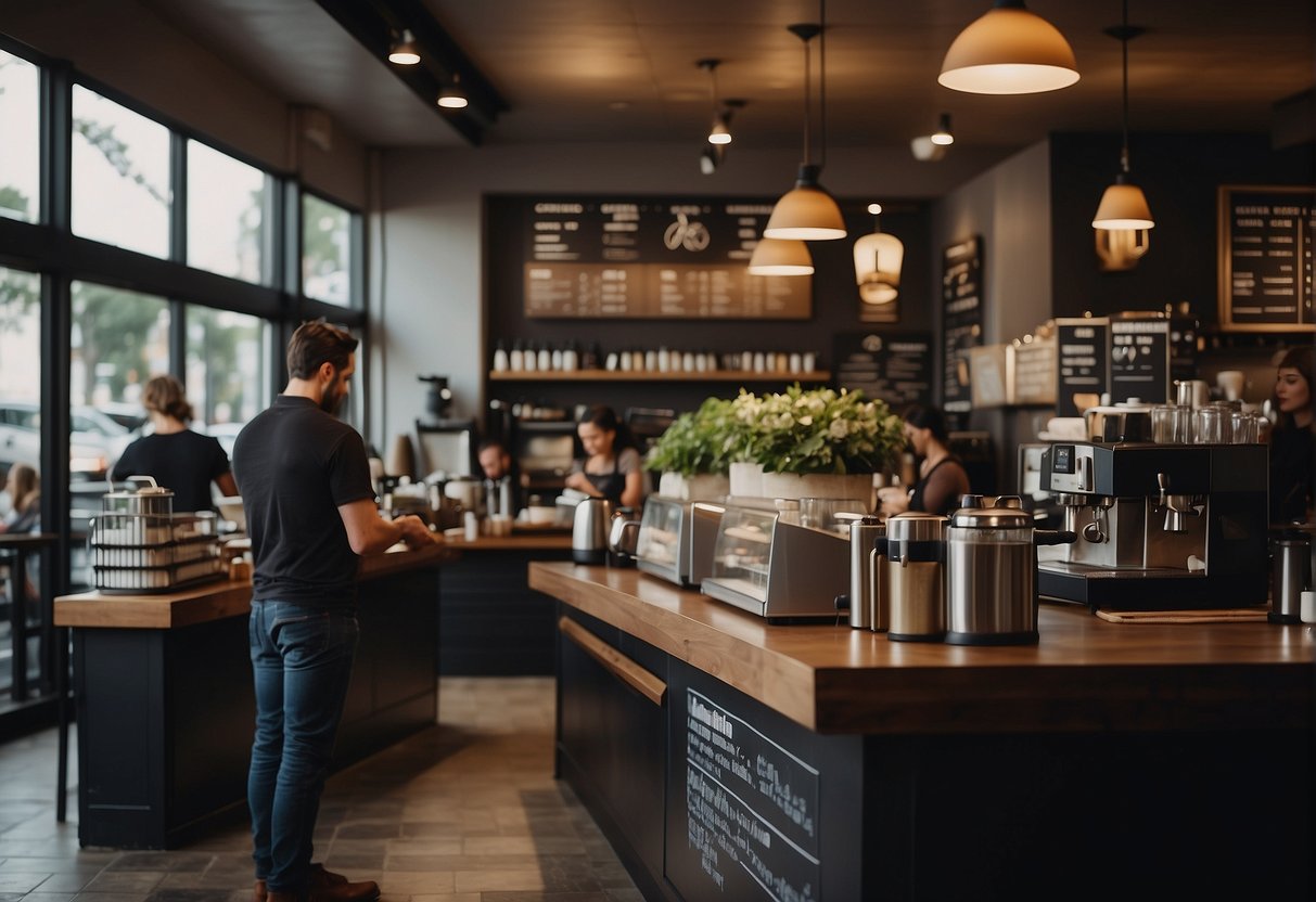 A bustling coffee shop with a line of customers, a menu board displaying latte and ristretto options, and a barista expertly preparing both drinks behind the counter