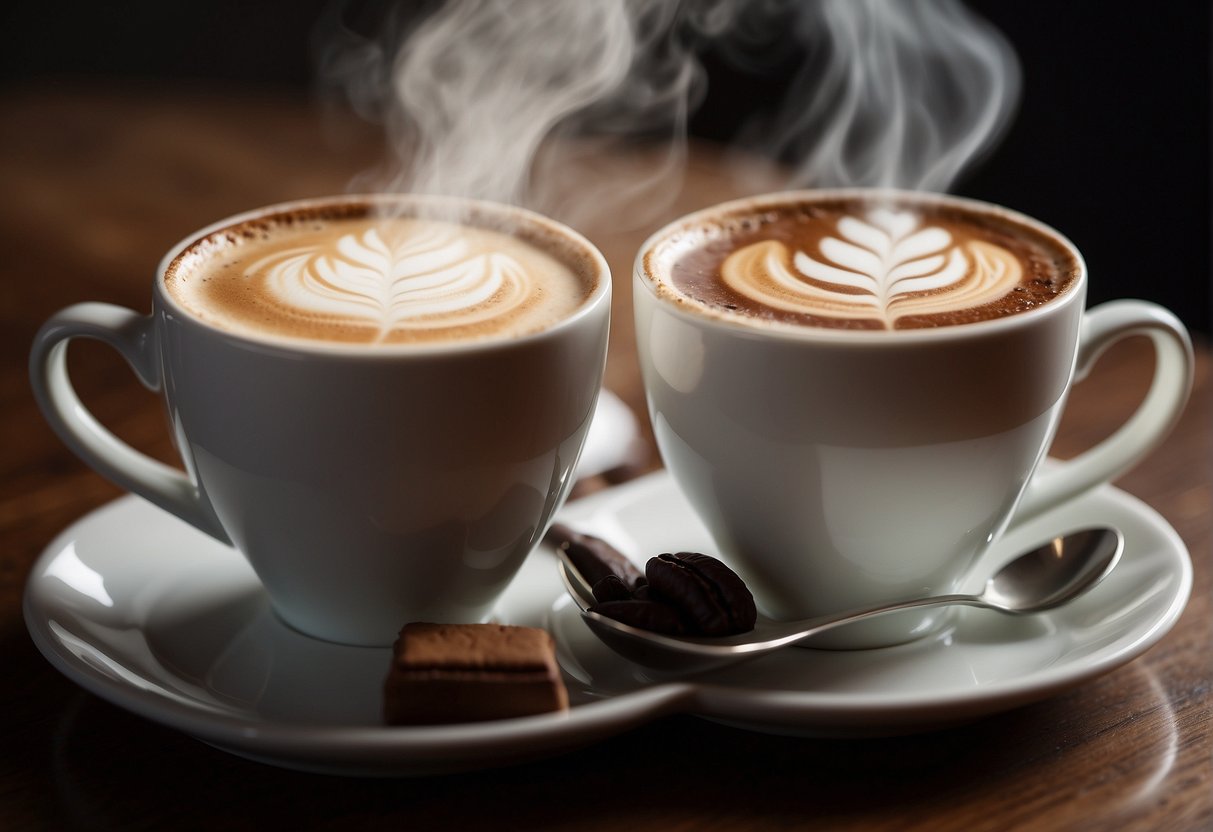 A steaming latte and Turkish coffee sit side by side, steam rising from their cups. The aroma of each brew fills the air, creating a sense of anticipation