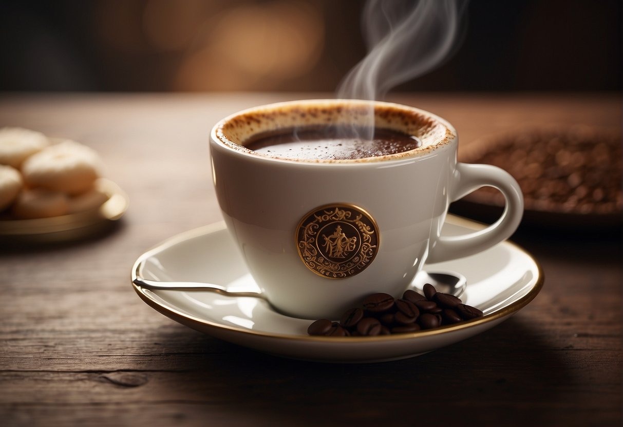A steaming cup of Turkish coffee sits next to a frothy latte. Both are surrounded by symbols of their respective origins and historical significance
