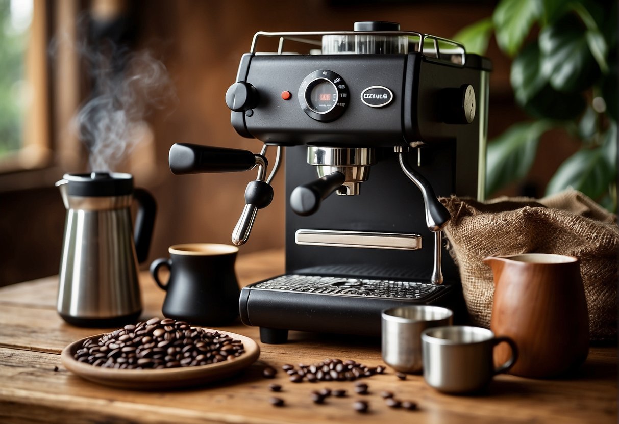 A steaming espresso machine next to a traditional cezve on a rustic wooden table, surrounded by bags of freshly ground coffee beans and various brewing tools