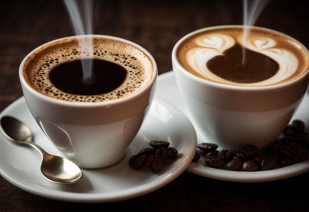 A steaming latte and a rich Turkish coffee sit side by side, showcasing their distinct taste profiles and caffeine content