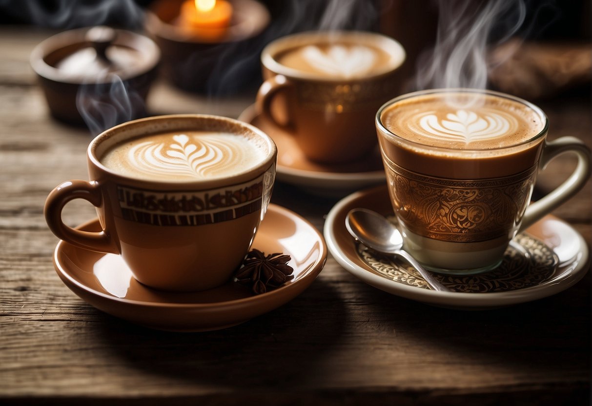 A steaming cup of latte and a traditional Turkish coffee sit side by side on a rustic table, surrounded by cultural artifacts and symbols of consumption