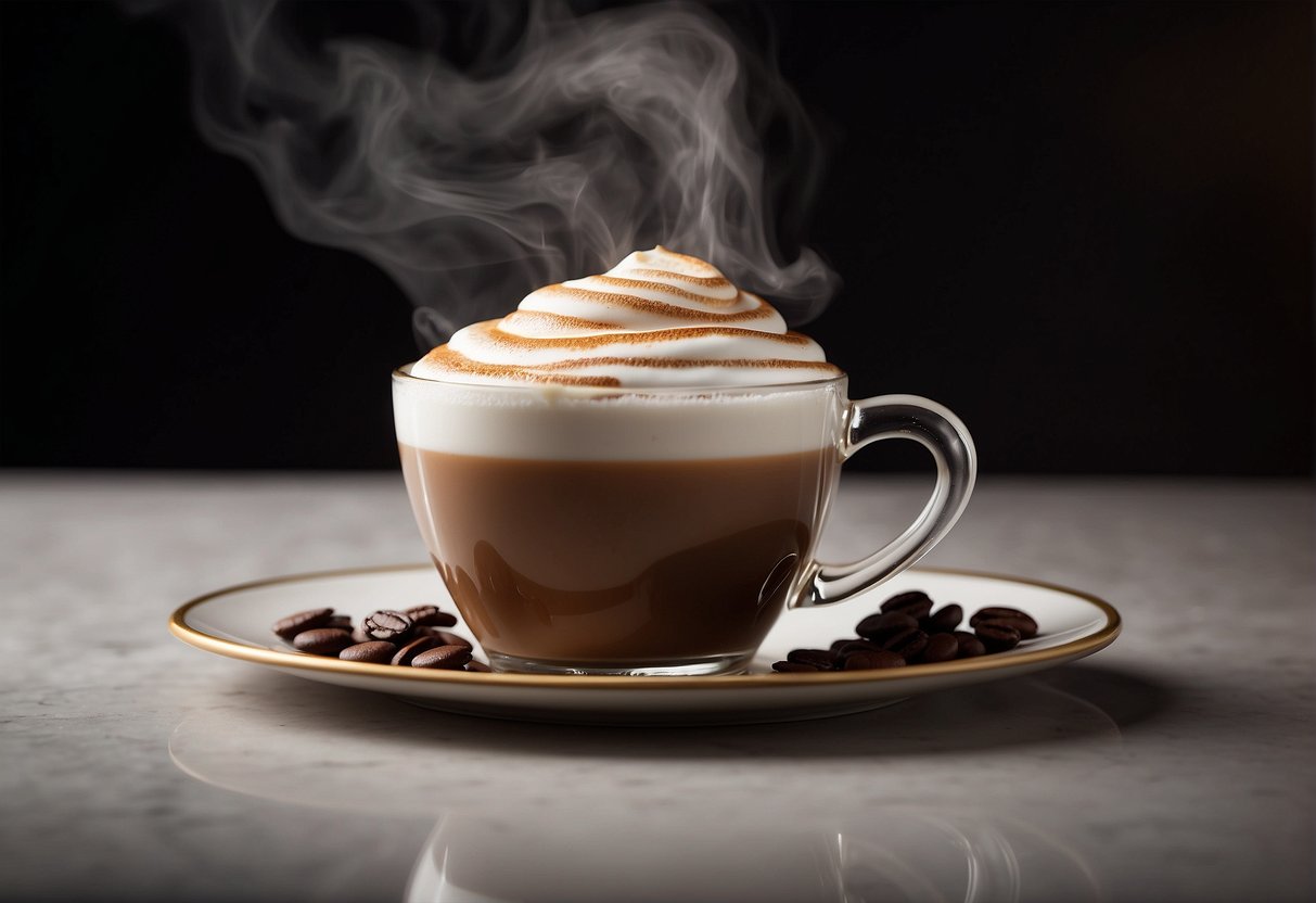 A cup of macchiato and mocha side by side, showcasing their contrasting colors and layers, with steam rising from the rich, aromatic beverages