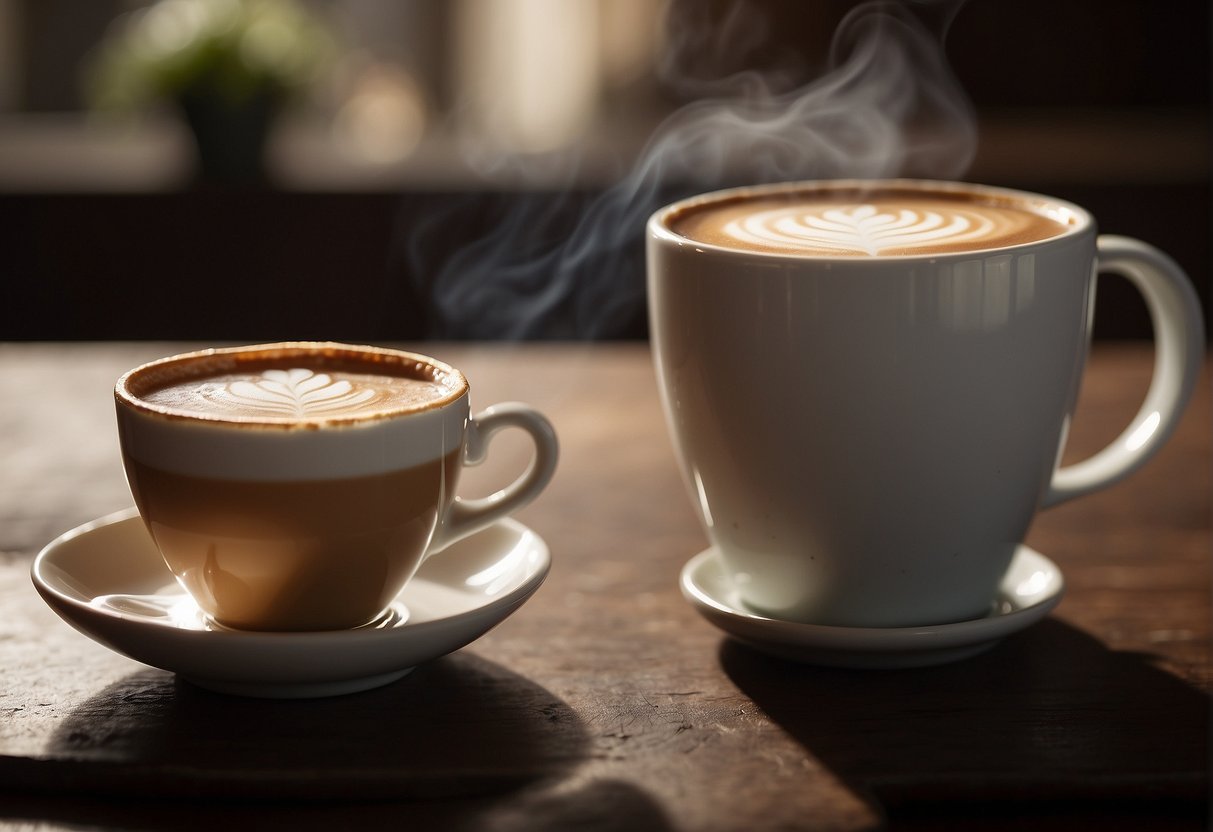 A steaming cup of macchiato and mocha side by side, with distinct aromas and colors, showcasing the differences in flavor and strength