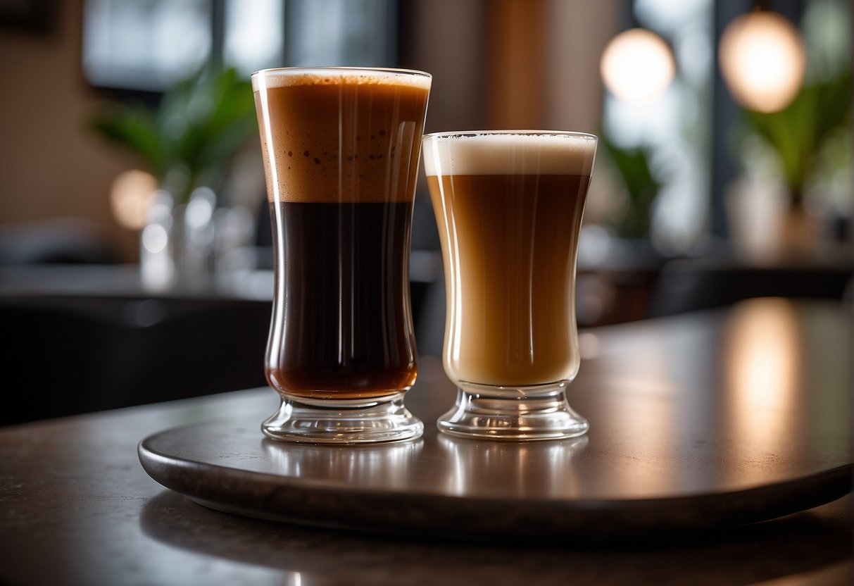 A steaming macchiato stands next to a tall glass of nitro cold brew. The aroma of rich coffee fills the air as the two beverages sit side by side, each exuding its own unique strength and character