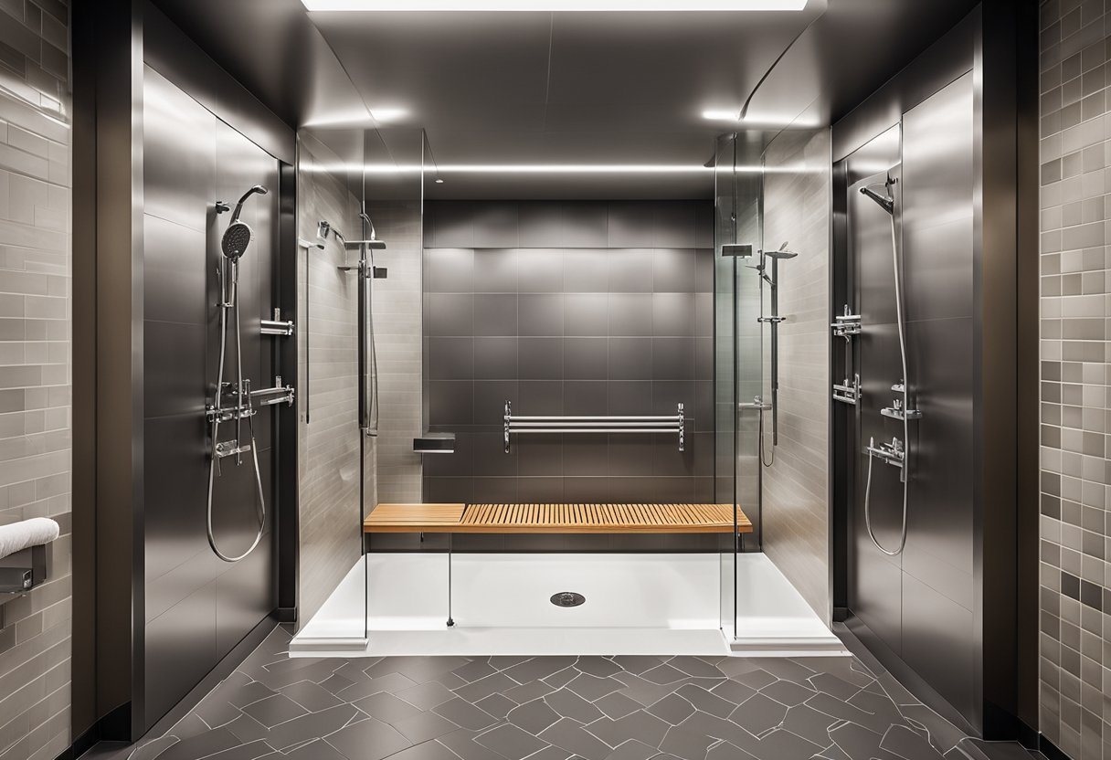 A gym shower with clean, modern fixtures and ample space. Bright lighting and fresh towels add to the inviting atmosphere