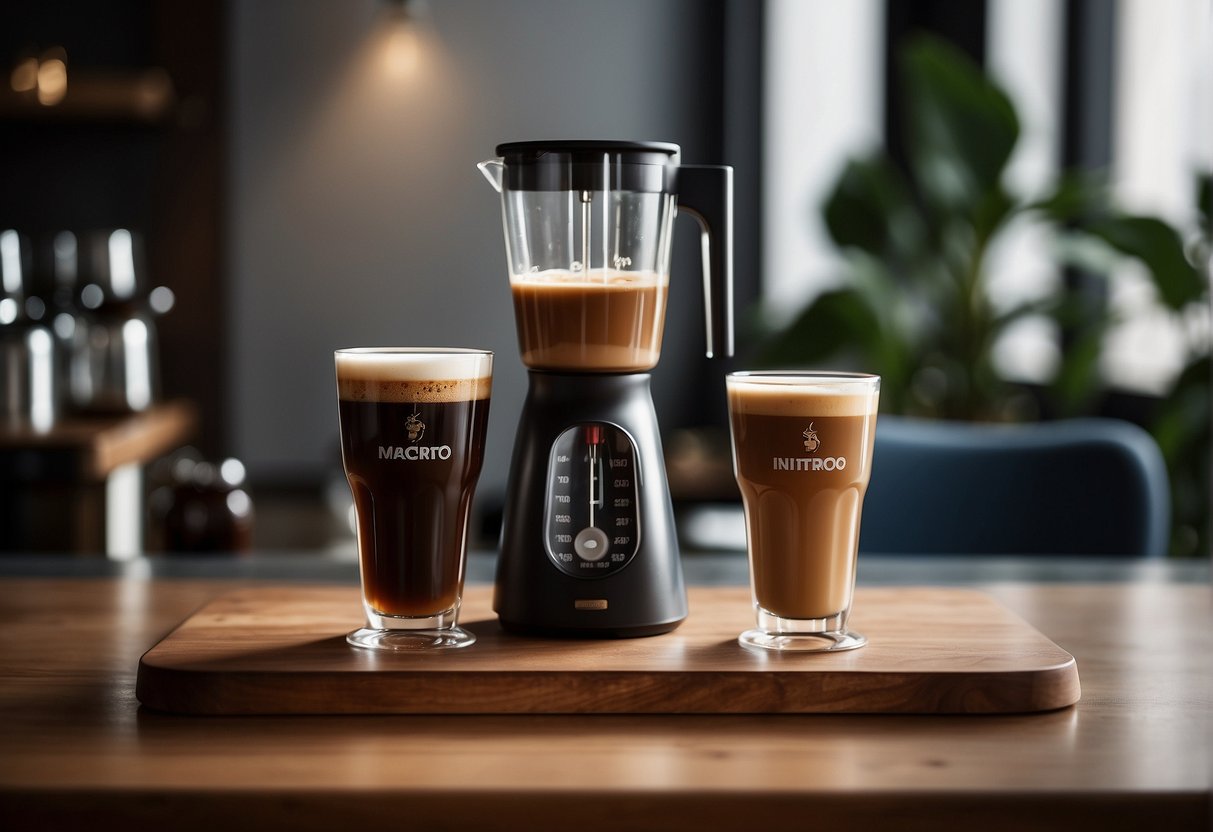 A table with two cups, one labeled "Macchiato" and the other "Nitro Cold Brew." A scale sits nearby, ready to measure the strength of each drink