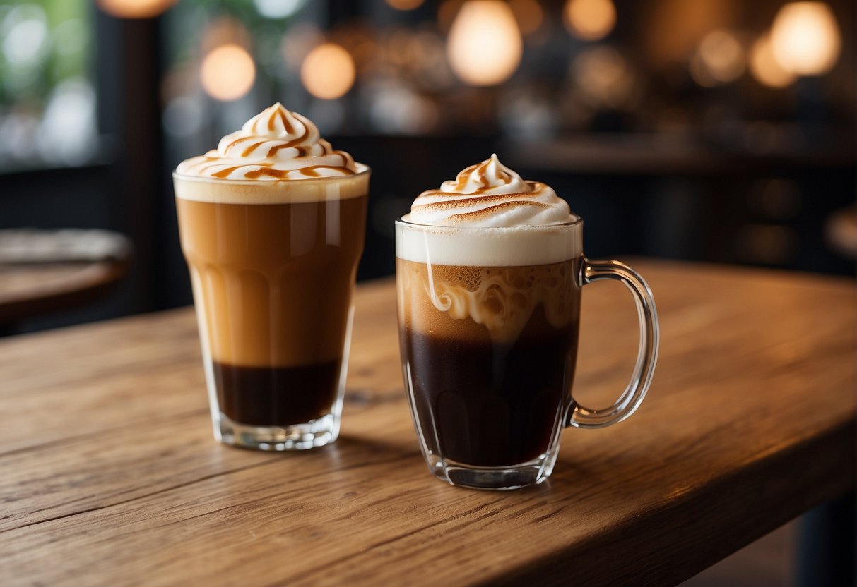 A steaming macchiato and a frothy nitro cold brew sit side by side on a rustic wooden table, exuding rich aromas in a cozy cafe setting