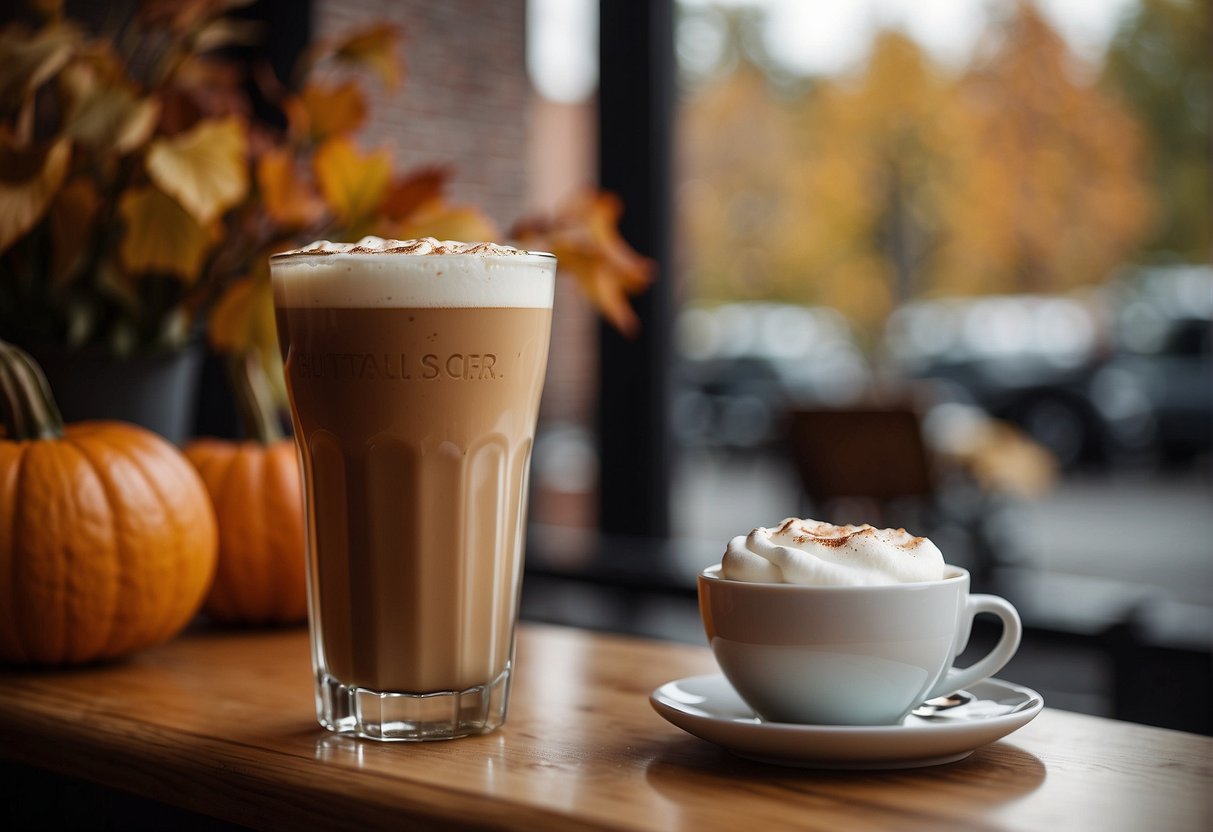 A cozy coffee shop with autumn decorations. A steaming macchiato and a frothy nitro cold brew sit on the counter, surrounded by pumpkins and fall foliage