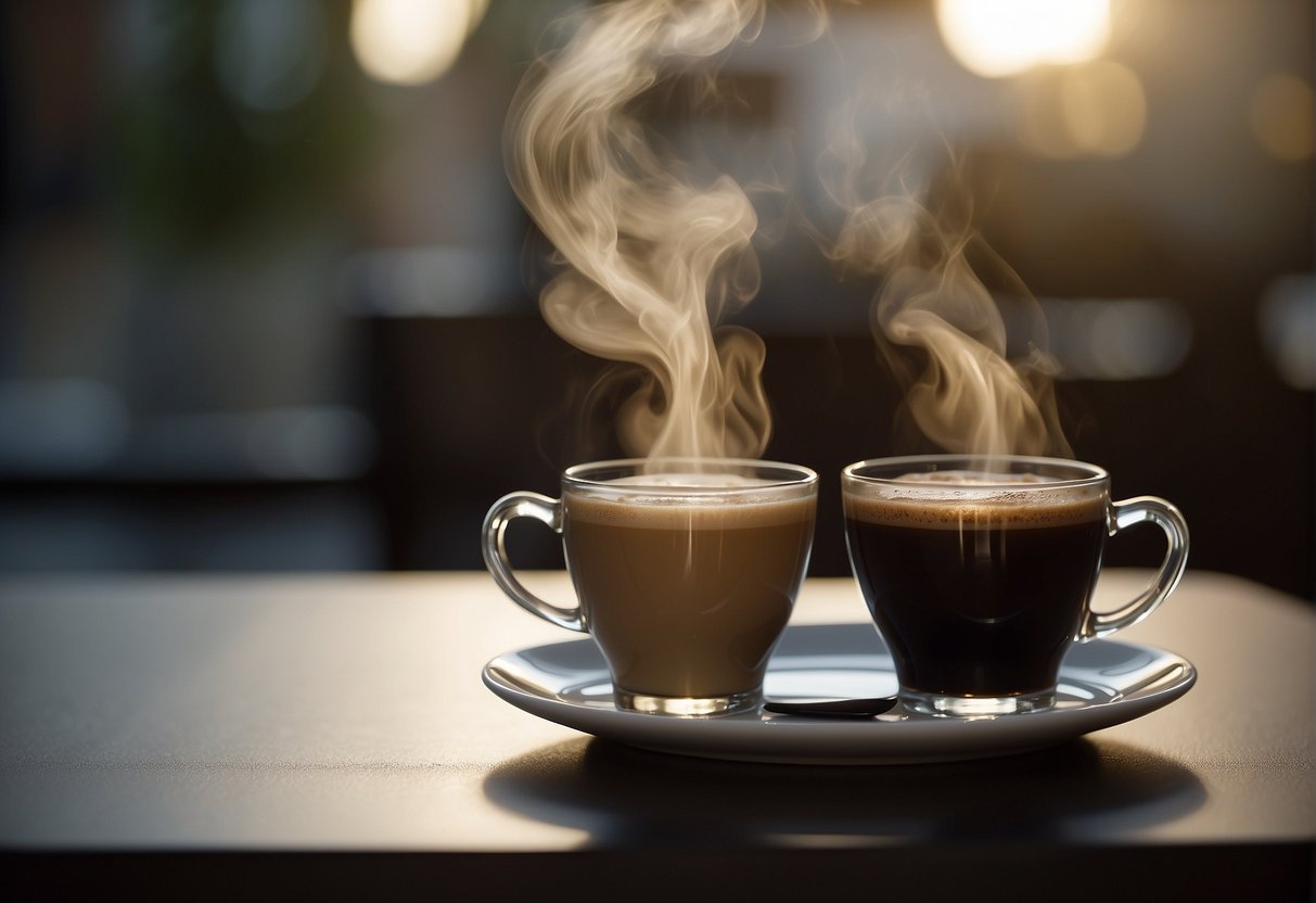 A steaming cup of macchiato and ristretto side by side, with rich, dark coffee swirling in the cups