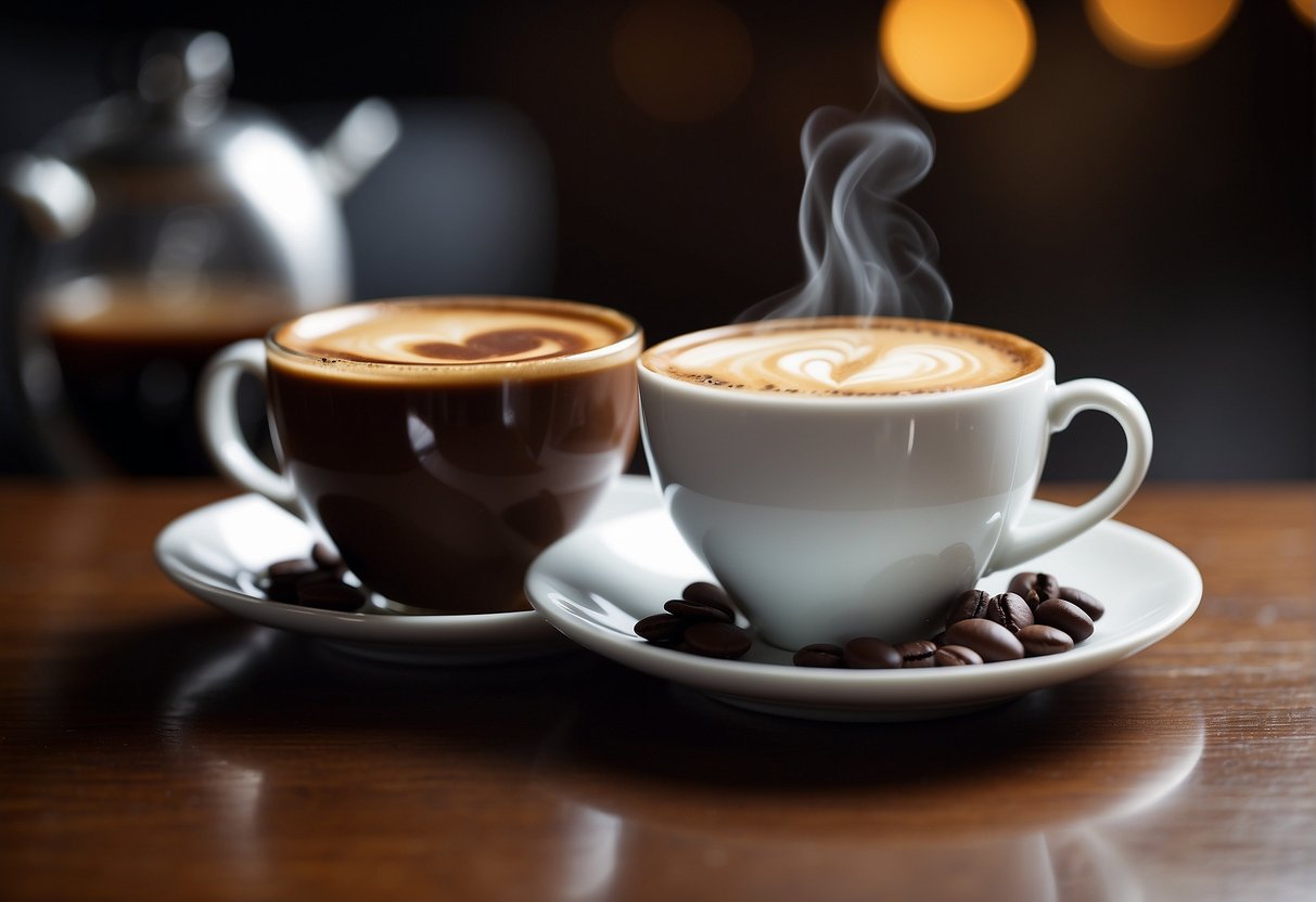 A steaming cup of espresso and ristretto side by side, with the ristretto in a smaller cup. The rich aroma of the coffee fills the air