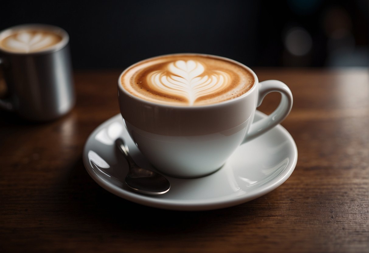 A small cup of macchiato sits on a saucer, with a distinct layer of milk marking the dark espresso