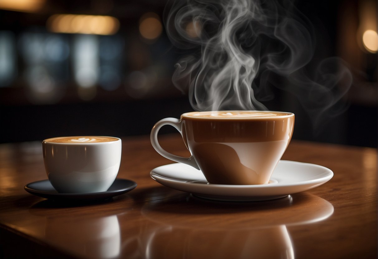 A steaming cup of macchiato sits next to a rich, dark ristretto. The aroma of coffee permeates the air, as the contrasting colors and textures of the two beverages create an enticing visual display