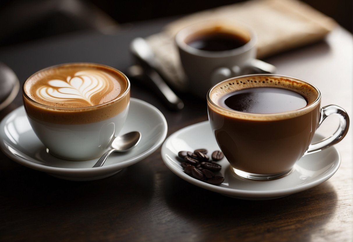 A steaming cup of macchiato and Turkish coffee stand side by side, exuding rich aromas and contrasting colors