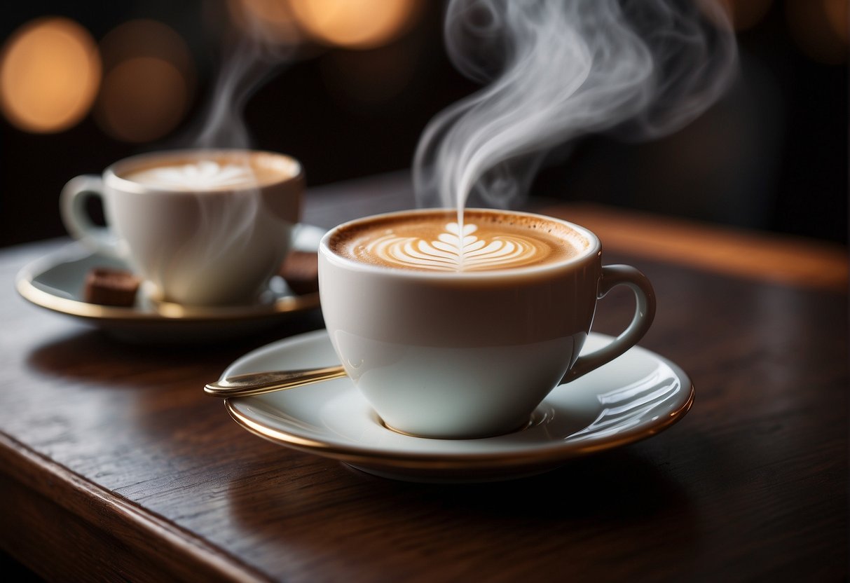 A steaming cup of macchiato sits next to a rich, dark Turkish coffee. The aroma of the two beverages fills the air, hinting at their strong and distinct flavors