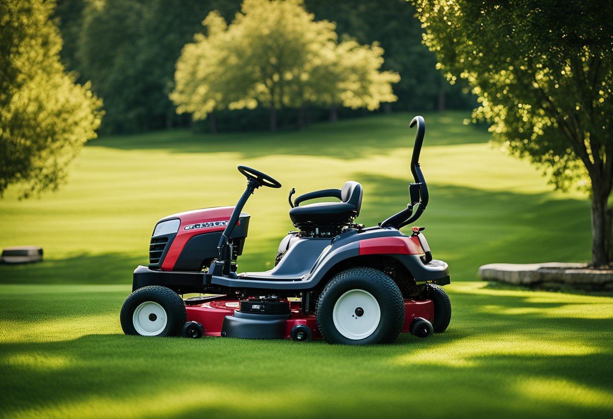 A zero turn mower cutting grass in a spacious, well-maintained lawn with trees and flowers in the background