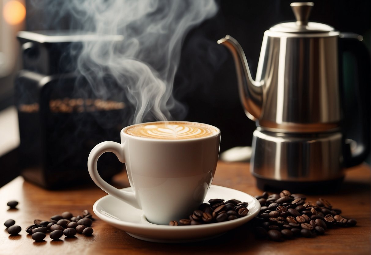 A steaming cup of macchiato sits next to a traditional Turkish coffee pot, surrounded by various coffee beans, spices, and flavor notes