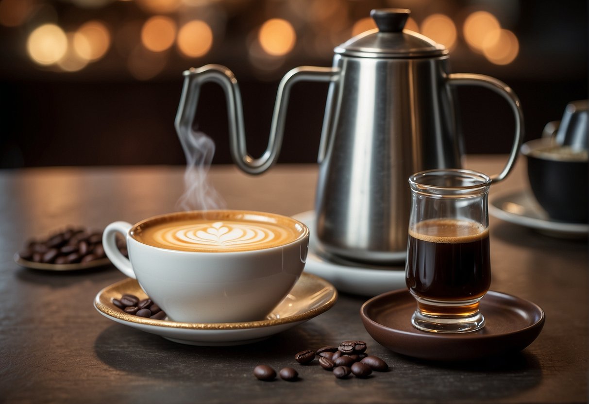A steaming cup of macchiato sits next to a traditional Turkish coffee pot. A comparison of the two beverages' health benefits is displayed on a nearby chart