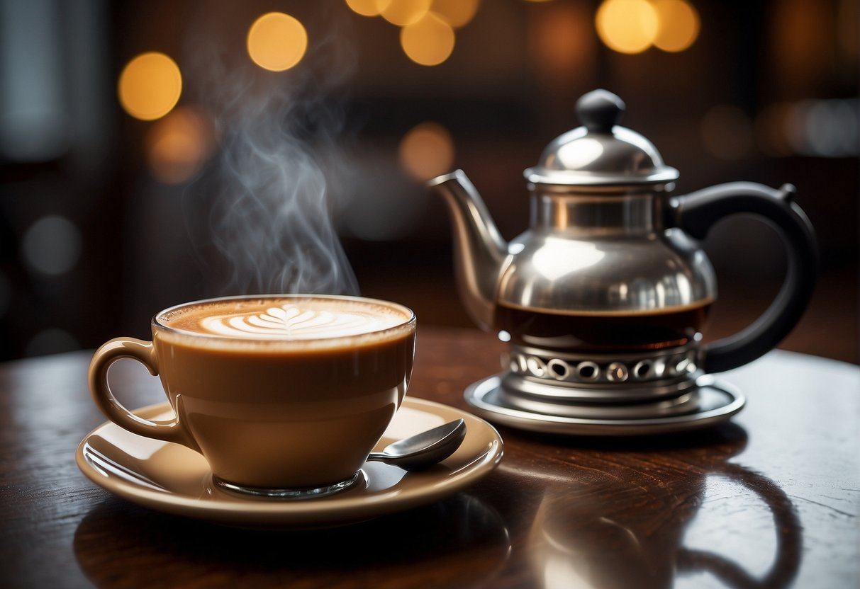 A steaming cup of macchiato sits next to a traditional Turkish coffee pot, showcasing the contrast between the two popular coffee styles