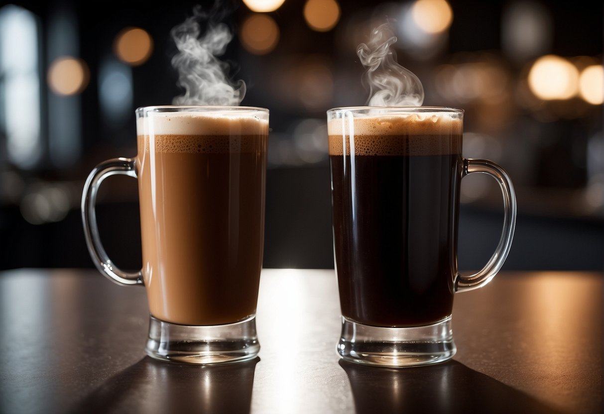 Two coffee cups facing each other, one labeled "mocha" and the other "nitro cold brew." Steam rises from the mocha while the nitro cold brew sits still, exuding a sense of strength and confidence