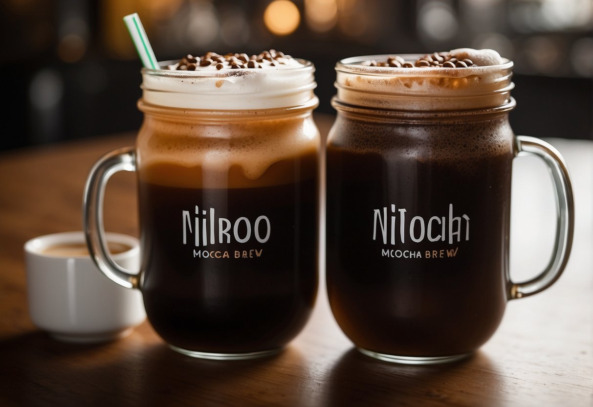 Two coffee cups side by side, one labeled "mocha" and the other "nitro cold brew." Steam rises from the mocha while the nitro cold brew sits still