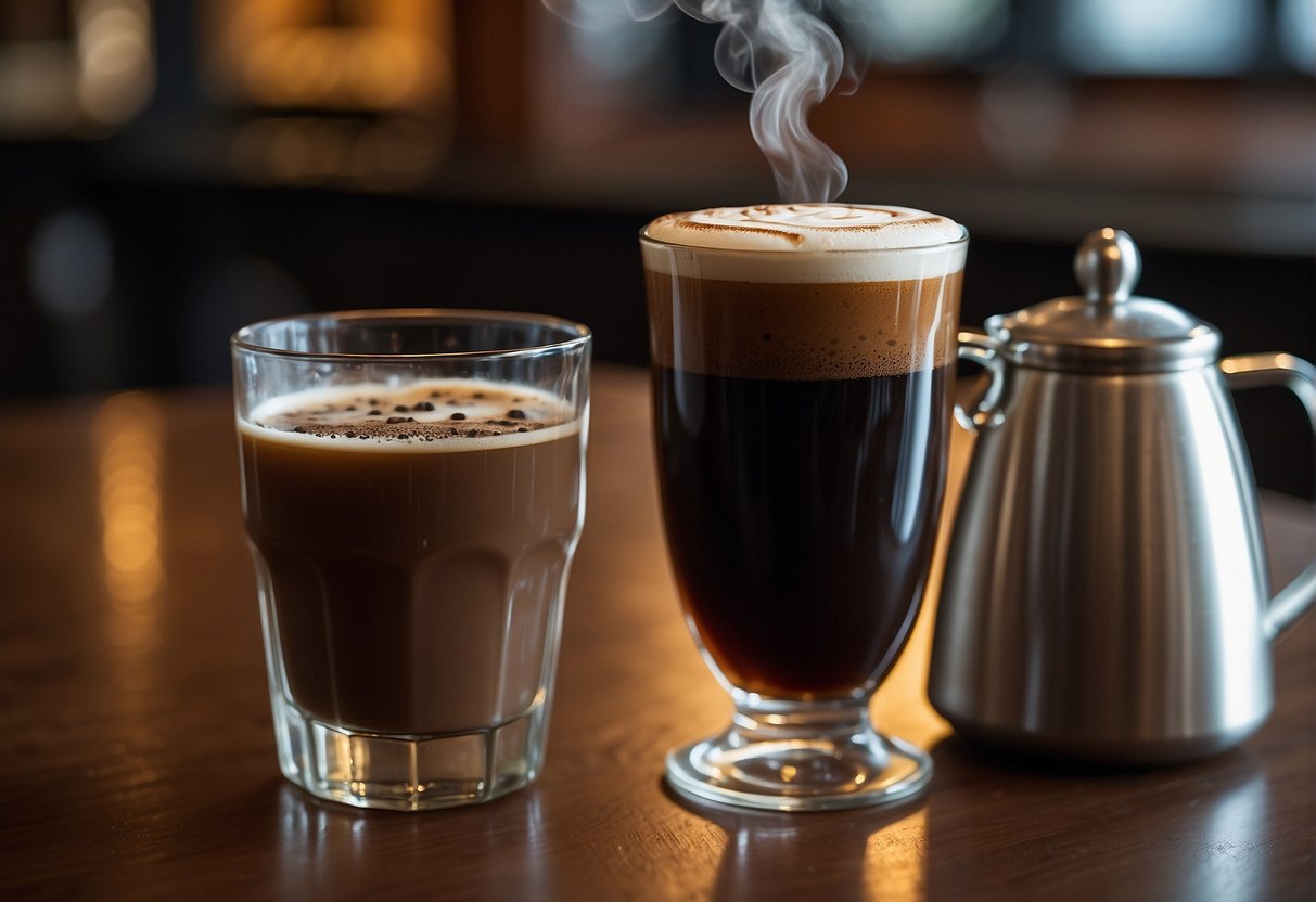 A steaming cup of mocha sits next to a frothy glass of nitro cold brew. A hand reaches for each, ready to compare their taste and texture
