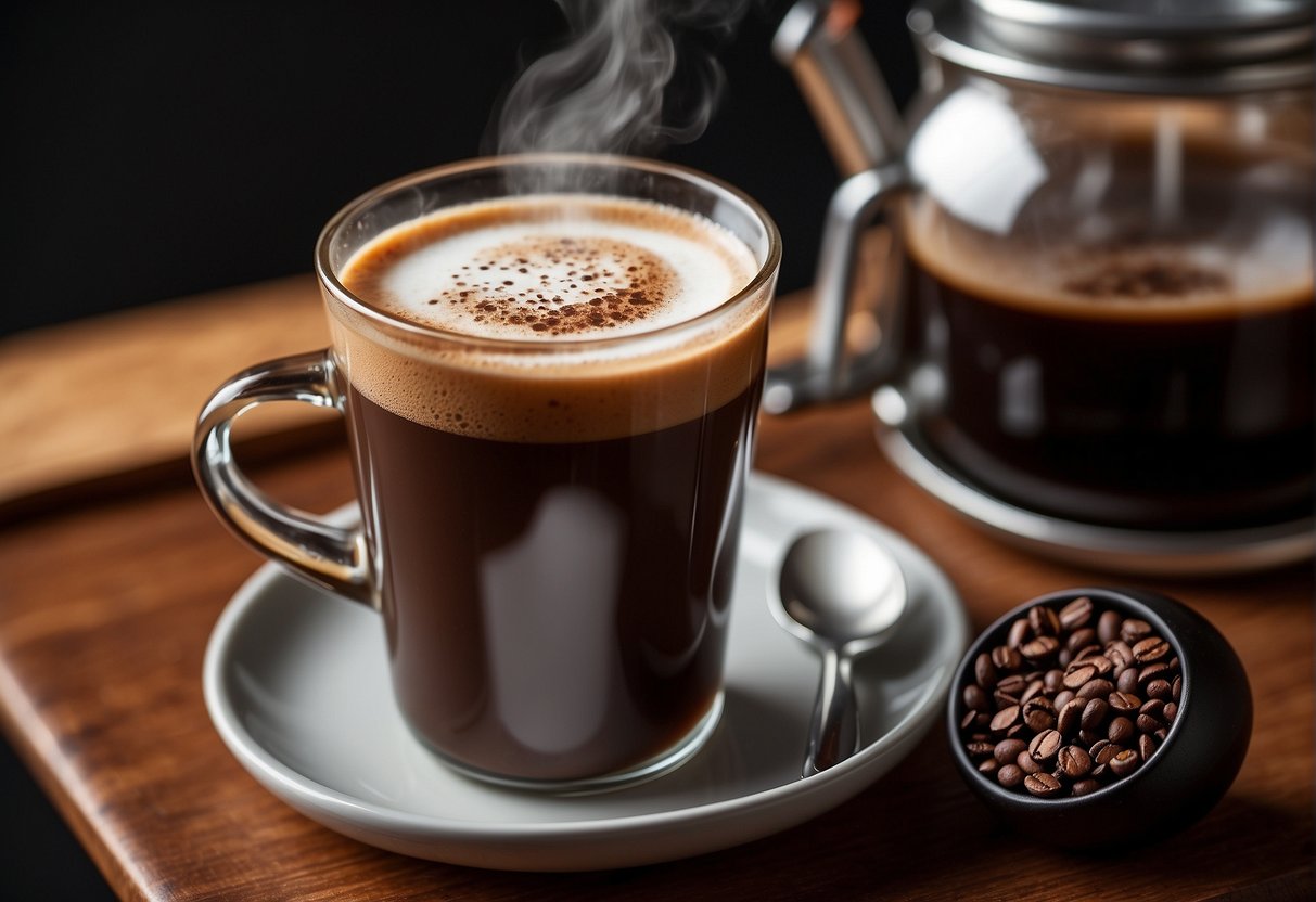 A steaming cup of mocha sits next to a tall glass of nitro cold brew, both emitting rich aromas. A scale and measuring tools are nearby, hinting at a comparison of their caffeine content