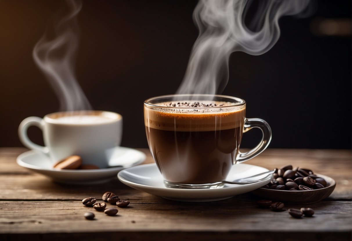 A steaming cup of mocha and a shot of ristretto sit side by side on a rustic wooden table, surrounded by swirling wisps of steam and the rich aroma of freshly brewed coffee