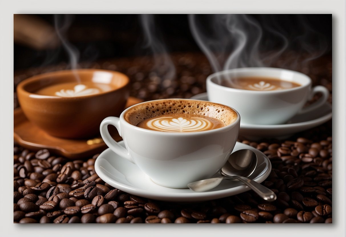 A steaming cup of ristretto and espresso side by side, with a rich mocha in the background