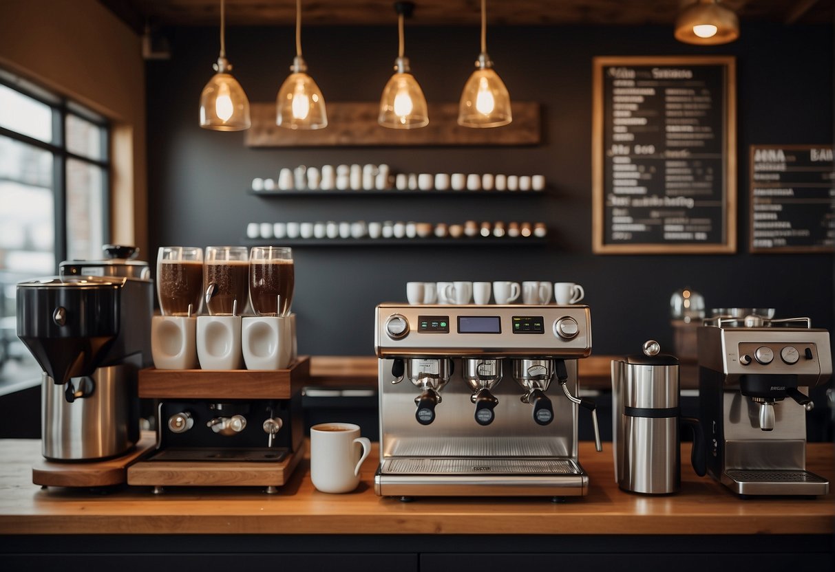 A coffee bar with a variety of brewing equipment, including espresso machines and grinders. A menu board displays options for mocha and ristretto