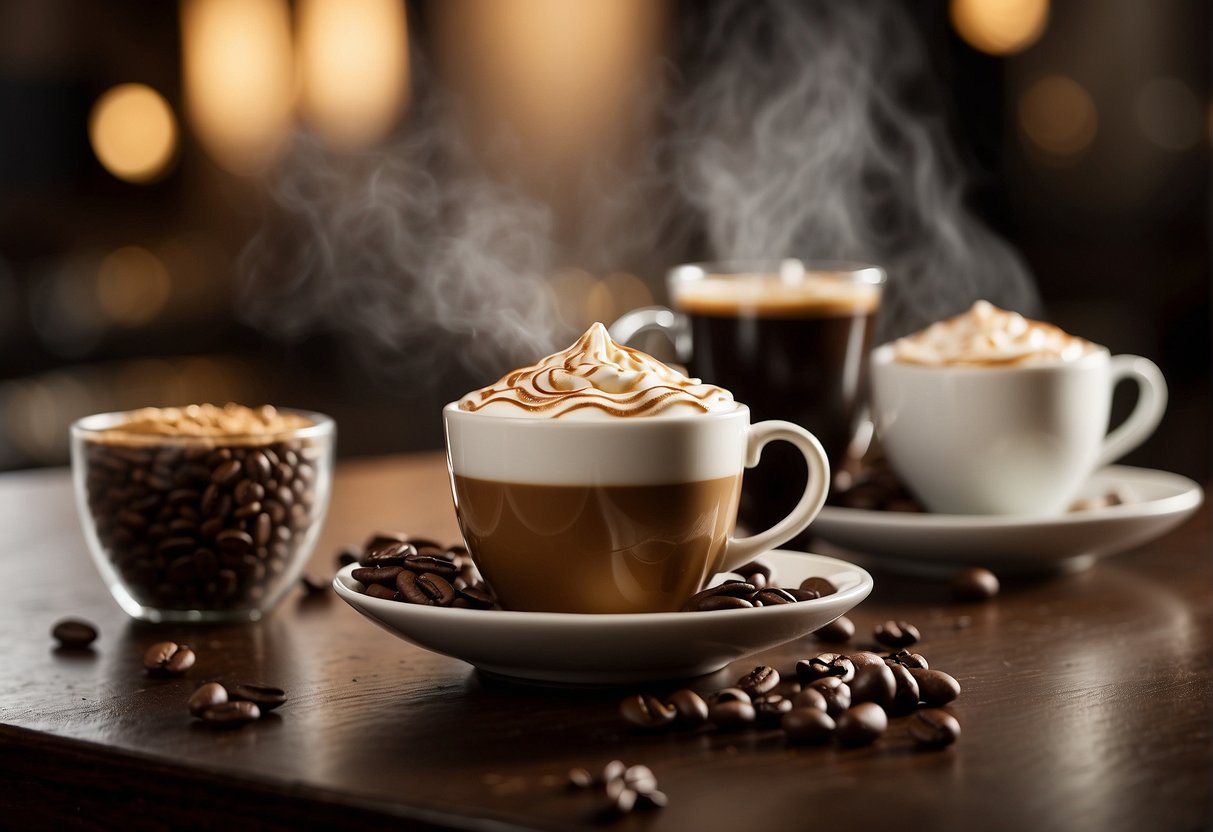 A table with various coffee cups and ingredients, a steaming mocha next to a rich ristretto, each adorned with decorative swirls of cream
