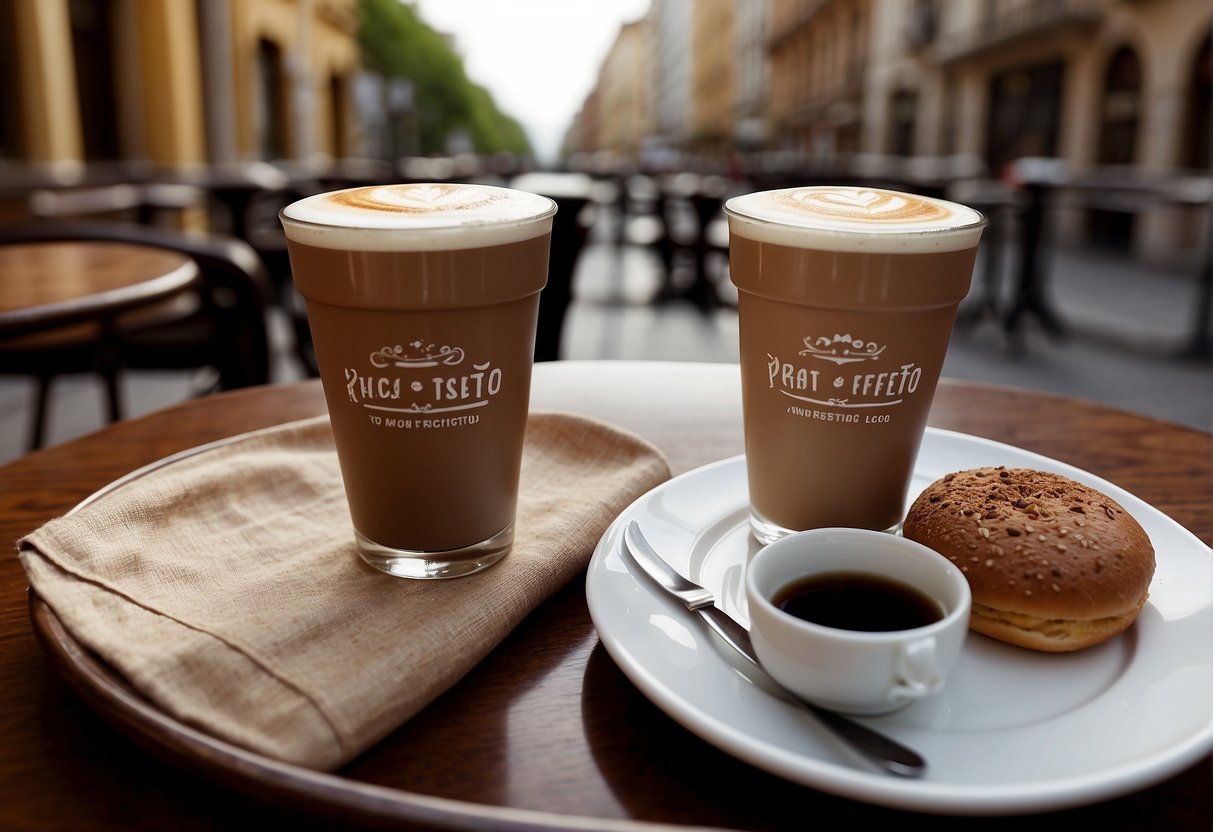 A table with two cups of coffee, one labeled "mocha" and the other "ristretto," surrounded by various cultural symbols and global landmarks