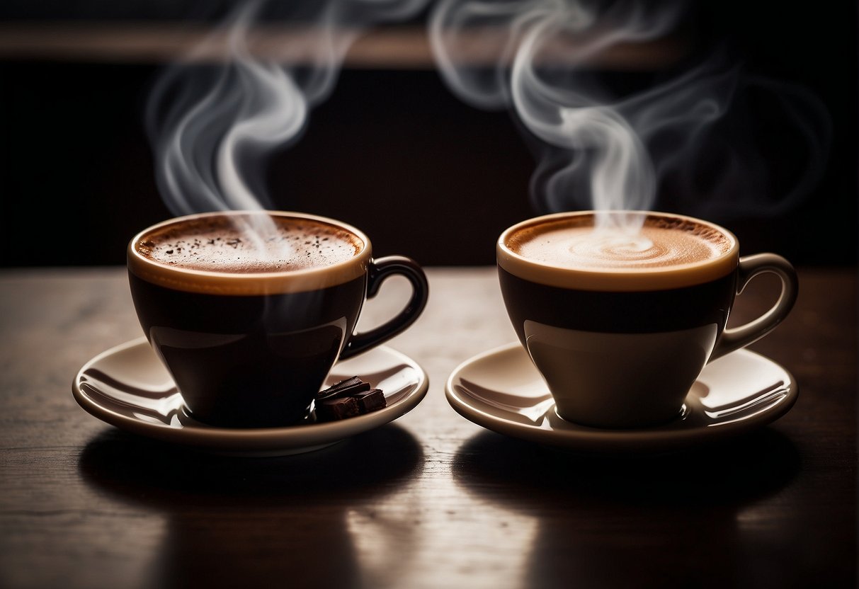 A steaming cup of mocha and Turkish coffee sit side by side, emanating rich aromas. Origins and heritage are symbolized by the contrast between the deep, chocolatey hue of the mocha and the bold, earthy tones of the