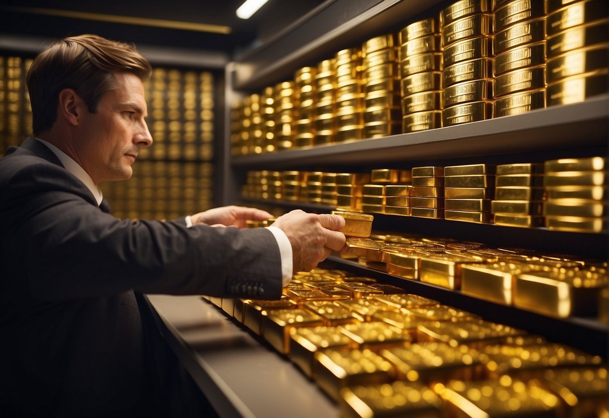 A secure vault with rows of gold bars, a computer showing gold prices, and a person inspecting gold coins and bullion