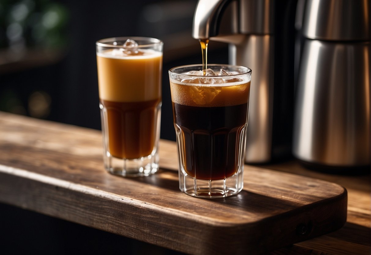 A glass of nitro cold brew and a shot of ristretto sit side by side on a rustic wooden table, with steam rising from the ristretto and bubbles cascading down the sides of the cold brew