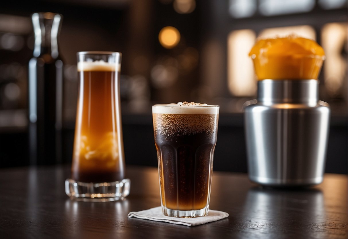 A tall glass of nitro cold brew sits next to a shot of ristretto. The cold brew is cascading with tiny bubbles, while the ristretto appears rich and concentrated